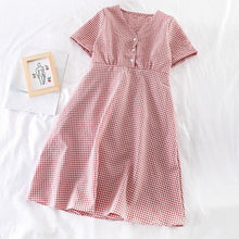 Load image into Gallery viewer, Korean Fashion Summer Women Plaid Dress V-neck Fashion Dress Vintage Cotton Checker Dresses