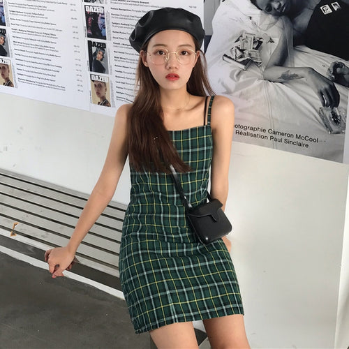 Summer Korean Version 2019 New Slim, Smart And Age-reducing Checker Leads Students To Suspend Dresses And Women's Dresses
