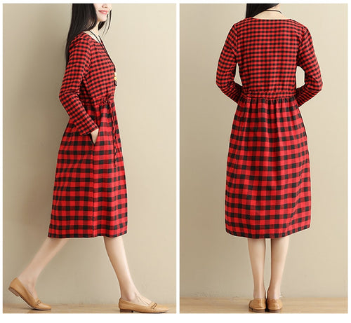 2018 Spring Retro Checkered Oversized Cotton & linen Long Sleeves Jumper Dress Ladies Autumn Classic Crew Neck Plaid Loose Tunic