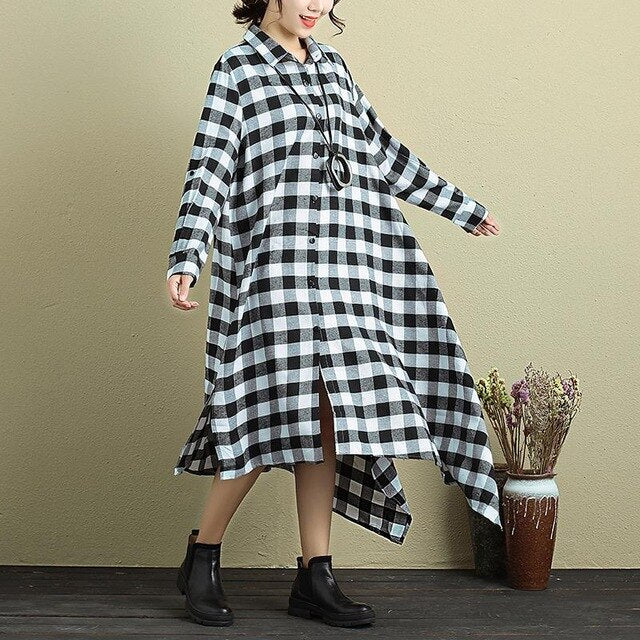 ZANZEA Fashion Vestido Long Sleeve Checkered Shirt Knee-Length Dress Ladies Autumn Casual Plaid Asymmetric Hem Oversized Kaftan